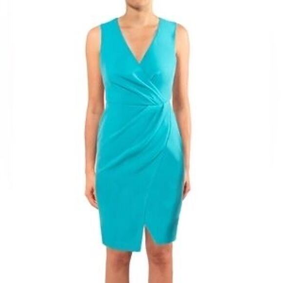 BLACK HALO Nora Teal Blue Sleeveless Sheath Faux Wrap Dress Size 10 - Picture 3 of 10